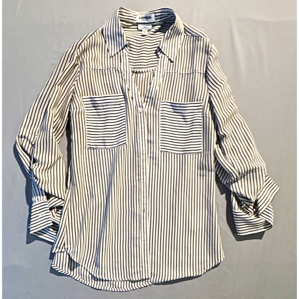 Express Portofino Slim Shirt Womens Small Black White Striped Roll Tab Button Up
